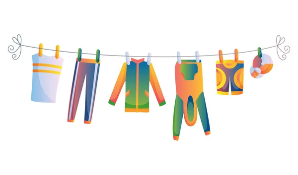 Verschillende items van baby kleding op touw geïsoleerde vector illustratie op witte achtergrond. Wasserij gehouden door kunststof haringen drogen — Stockvector