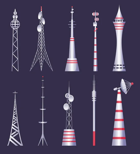 Trådløst tårn. Tv radio kommunikasjon satellitt antena signal vektor bilder. Kommunikasjonstårnet. Cellulær kringkasting av trådløs radio-antena-satellittkonstruksjon – stockvektor