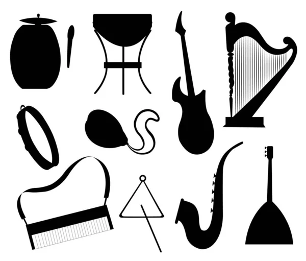 Conjunto de diversos instrumentos musicales: pandereta, batería, acústica. Guitarras electrónicas violín acordeón trompeta y tambores - herramientas de música de dibujos animados vector plano — Archivo Imágenes Vectoriales