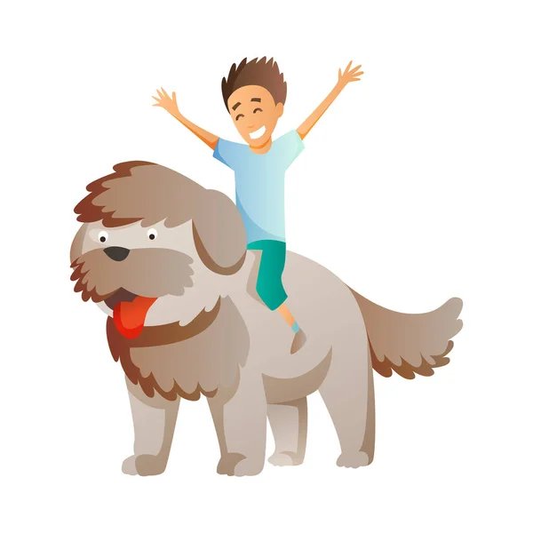 Junge mit Hund isoliert auf weißem Hintergrund. Sie halten ihr Haustier. männliche flache Cartoonfigur. Bunte Vektorillustration — Stockvektor