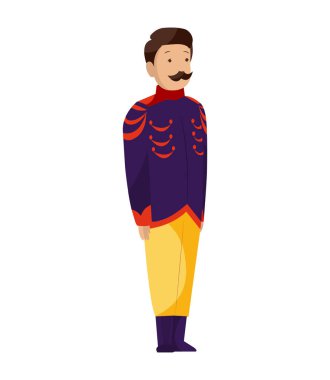 Rönesans giyimli vektör adam karakteri ortaçağ modasına uygun bir elbise giyiyor. Tarihi kraliyet giysileri çizimi. Beyaz arka planda izole edilmiş, sanatsal kostümlü barok insanlar.