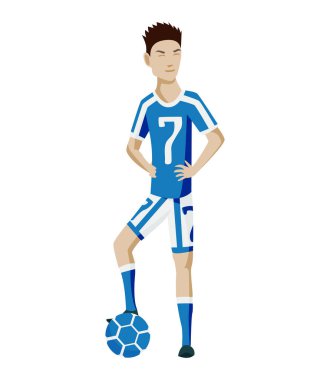 Futbolcu karakter hareketlerini gösteriyor. Neşeli futbolcu ayakta, zaferi kutluyor. Basit biçim vektör illüstrasyonu.