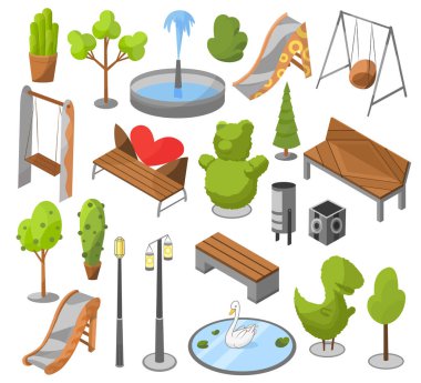 Şehir parkında mimarisi olan bir takım nesneler, manzara bahçesi izometrik vektörü. Ağaçlar, çitler, anıtlar, çeşme, gölet, kuğu gölü, çocuk parkı, eğlence parkı, şehir inşaatçısı.