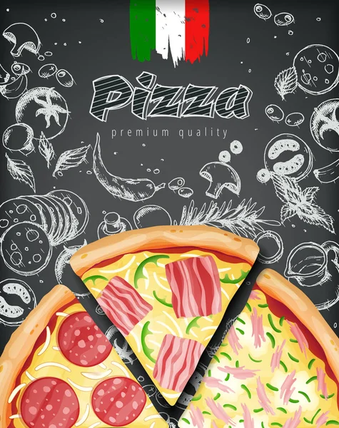 Anuncios de pizza italiana o menú con la ilustración ricos coberturas masa en estilo grabado tiza doodle fondo . — Vector de stock