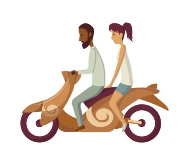 Vektör modern düz tasarım tasarımı. Retro scooter kullanan genç bir adam. Klasik görünümlü motosiklet süren adam, yan manzara.