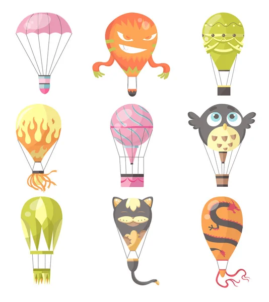 Ilustração plana de balões de ar quente. Coleção de diferentes tipos romântico, animais de desenhos animados e queimar coloridos balões festival de entretenimento voador ao ar livre. Viagem, céu ilustração transporte —  Vetores de Stock