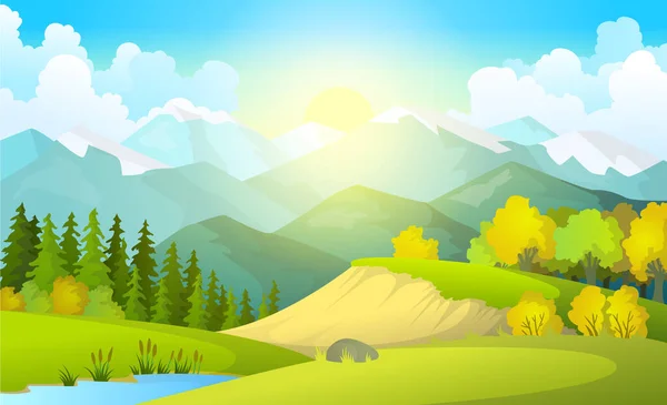 美丽的夏日景色的矢量插图与黎明, 绿色的山丘, 明亮的蓝色天空, 乡村背景在平面卡通风格横幅 — 图库矢量图片