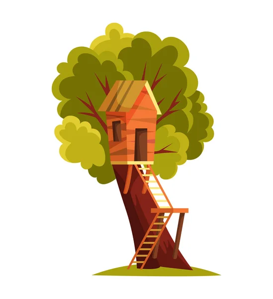 나무로 된 집. 흔들기 와 사다리를 매고 노는 아이들. 플랫 스타일 벡터 일러스트. 놀이와 파티를 위한 나무집. 아이들을 위한 나무 위에 집. 나무로 된 마을, 푸른 잎 사이의 밧줄 공원 — 스톡 벡터