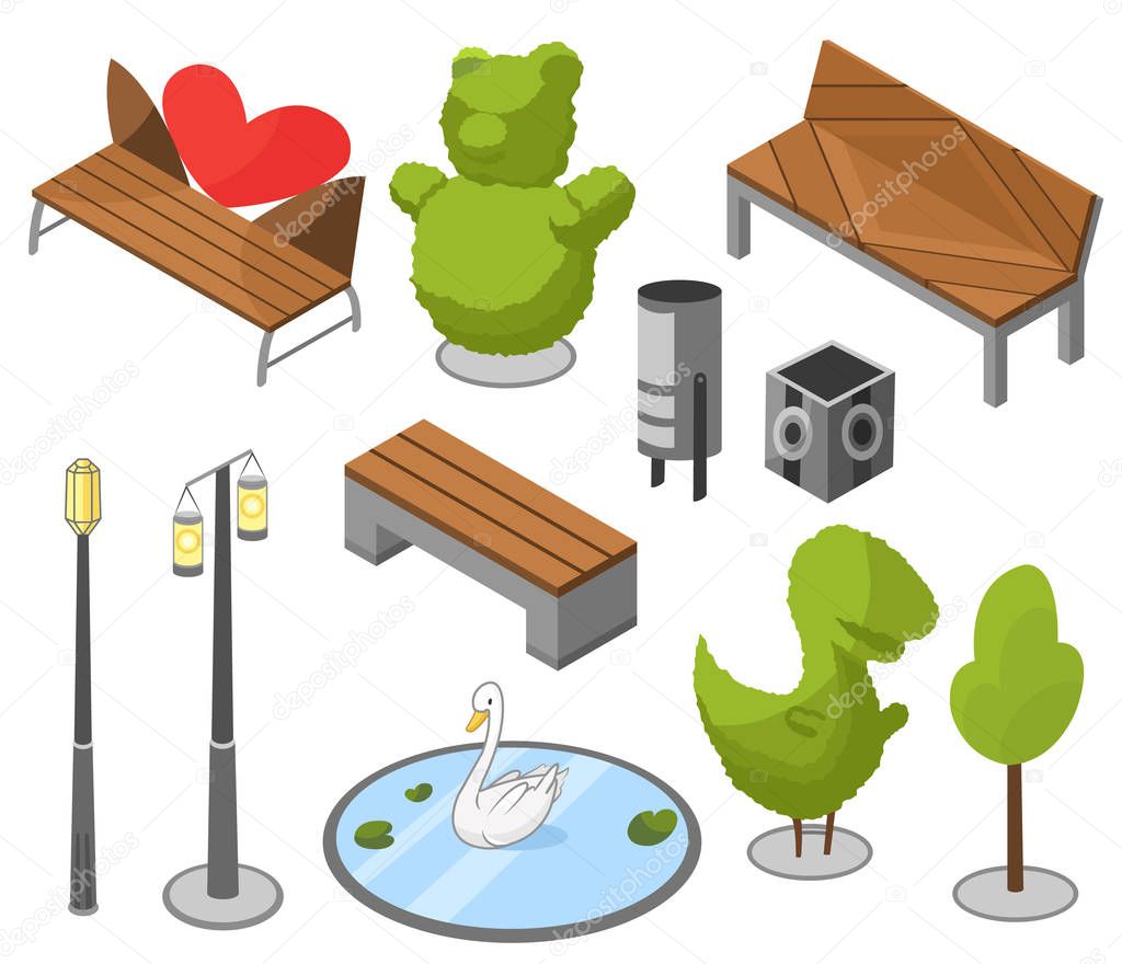 Set of objects city park with architecture, landscape garden isometric vector. Trees, fences, monuments, fountain, pond, swan lake, children playground, recreation park, city constructor