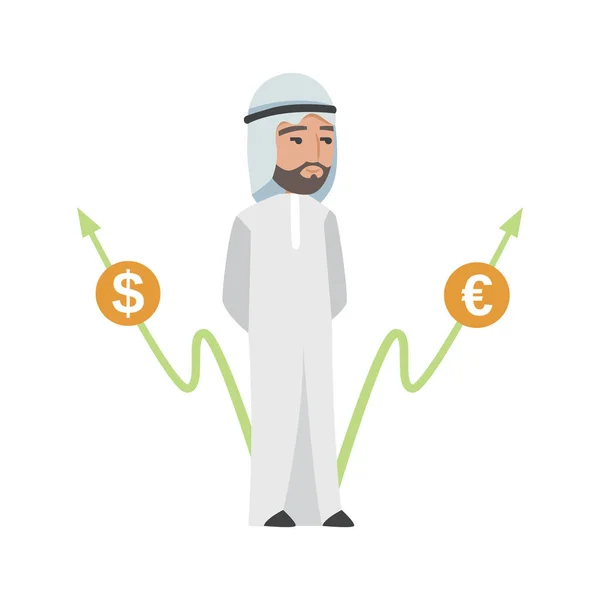 Homme arabe prospère en vêtements blancs. Dessin animé vectoriel souriant homme d'affaires islamique vêtu de vêtements traditionnels. Élégant homme d'affaires. Homme vectoriel avec graphiques dollar, euro — Image vectorielle
