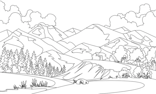 Vektor Färbung Illustration von schönen Sommerfeldern Landschaft mit einer Morgendämmerung, Berge, Himmel, Land Hintergrund in flachen Cartoon-Stil Banner. Skizzenstil — Stockvektor