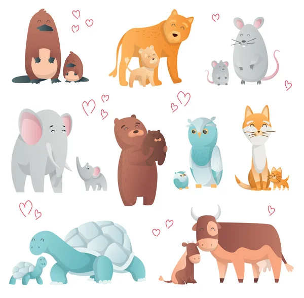 Collection of Animals mom and baby. Cartoons cute animals in flat style. Print for clothes. Vector illustration. Cute animals family — Stock Vector