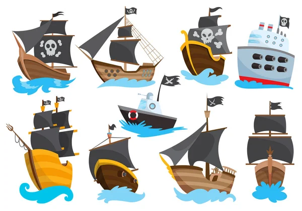 Sada dřevěných pirátské bukanýr filibuster korzár mořský pes loď ikona hra, izolované plochý design. Barevná kreslená fregata. Vektorová ilustrace — Stockový vektor