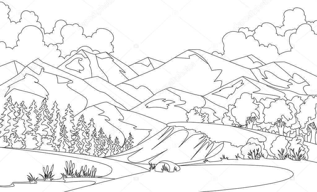 Vector coloring illustration of beautiful summer fields landscape with a dawn, mountian hills, sky, country background in flat cartoon style banner. Sketch style