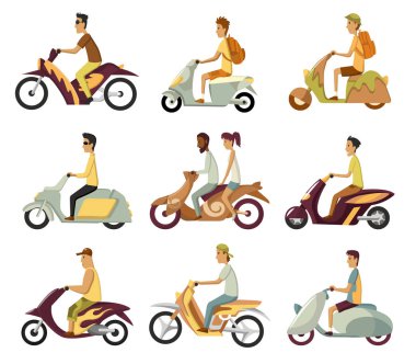 Vektör modern düz tasarım tasarımı. Retro scooter kullanan genç bir adam. Motosiklete binen adam klasik görünümlü, yan manzara. Vektör biçimli scooter seti