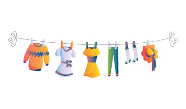 Beyaz arka planda halat izole vektör illüstrasyon bebek giysileri çeşitli öğeleri. Yıkama plastik mandal tarafından tutulan kurutma