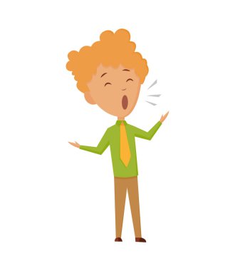 Çocuk beyaz arka planda bir şarkı söylüyor. Çocukların müzik performansı. Çizgi film tarzında vektör illüstrasyonu.