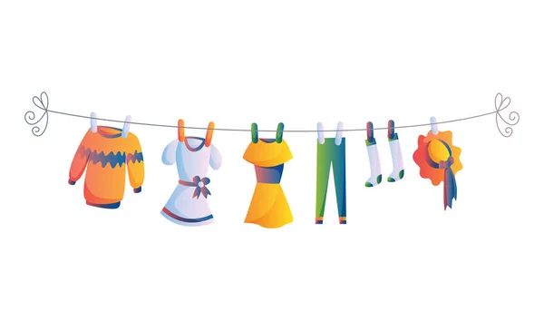 Різні предмети дитячого одягу на мотузці ізольовані Векторні ілюстрації на білому тлі. Прання, що утримується пластиковими кілочками сушіння — стоковий вектор