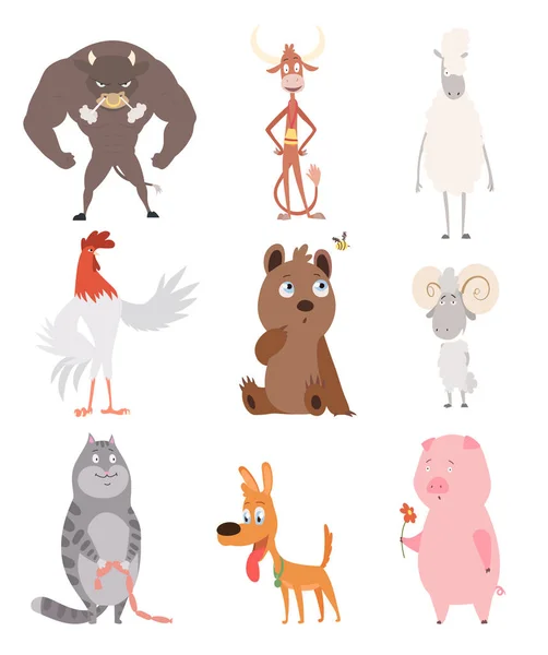 Illustration vectorielle de différents dessins animaliers d'animaux sauvages et domestiques. taureau, vache, mouton, pénis, ours, abeille, bélier, chat domestique, chien, chiot, porc . — Image vectorielle