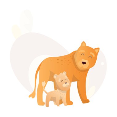 İki aslan birbirine bakar. Hayvanlar anne ve bebek. Çizgi filmler düz stil sevimli hayvanlar. Elbise baskısı. Vektör illüstrasyonu