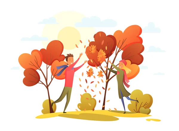 가을 공원에서 행복 한 사람들. 유행하는 색깔. 벡터 일러스트는 만화의 플랫 스타일이다. 가을 풍경 - 가을 숲의 풍경. 설계 양식 — 스톡 벡터