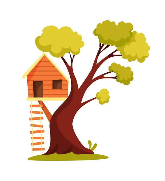 Casa del árbol. Parque infantil con columpio y escalera. Ilustración de vector de estilo plano. Casa del árbol para jugar y fiestas. Casa en el árbol para niños. Ciudad de madera, parque de cuerdas entre follaje verde — Vector de stock