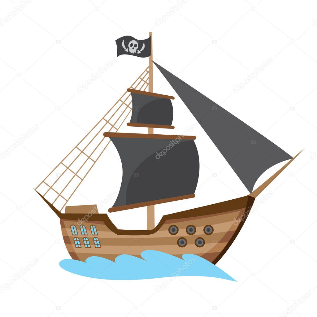 Wooden pirate buccaneer filibuster corsair sea dog ship icon game, isolated flat design. Color cartoon frigate. Vector illustration