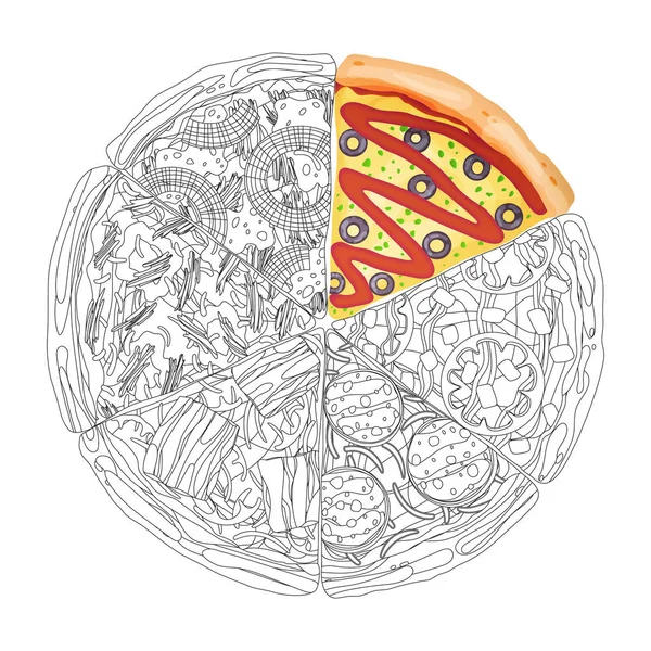 Pizza from different slices top view isolated on white photo-realistic and coloring vector illustration. — ストックベクタ