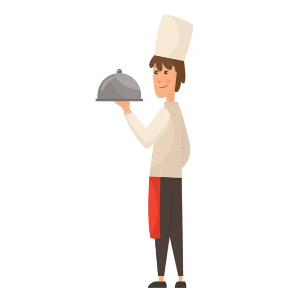 Enfant dans une casquette de cuisson tenant le plat avec de la nourriture. Modèle de conception de logo pour les aliments pour bébés. Caractère enfant garçon illustration — Image vectorielle