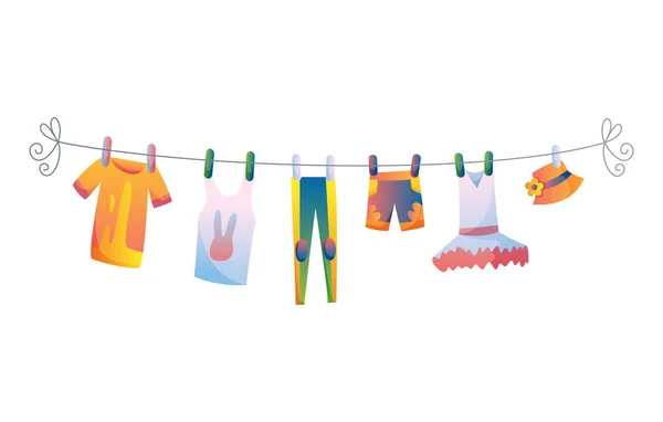 Varios artículos de ropa de bebé en la cuerda ilustración vectorial aislada sobre fondo blanco. Servicio de lavandería en poder de clavijas de plástico secado — Archivo Imágenes Vectoriales