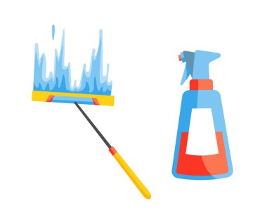 Ev işlerinin taşıyıcısı. Ev Temizleme Teçhizatı. Temizlik seti. Beyaz arkaplanda izole edilmiş renkli simge koleksiyonu