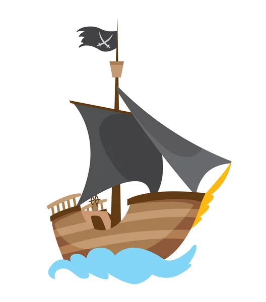 Hölzerne Piraten Freibeuter Filibuster Corsair Sea Dog Ship Ikone Spiel, isoliert flaches Design. Farbe Cartoon Fregatte. Vektorillustration — Stockvektor