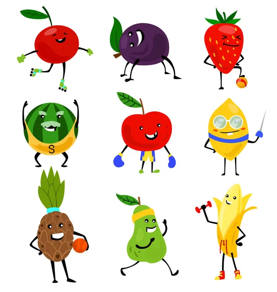Sport vruchten tekens. Grappig fruit voedingsmiddelen op sportoefeningen, fitness vitaminic menselijke gezonde voeding vector illustratie — Stockvector