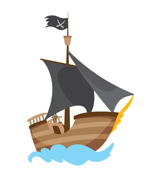 Wooden pirate buccaneer filibuster corsair sea dog ship icon game, isolated flat design. Color cartoon frigate. Vector illustration — Stock Vector