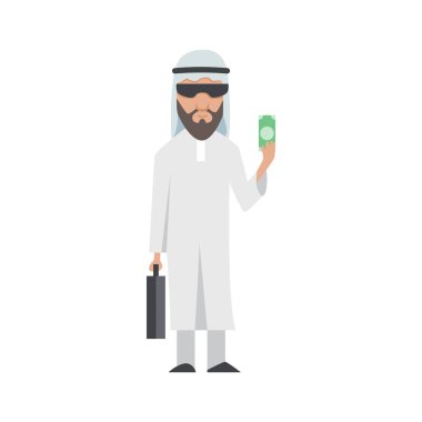 Beyaz elbiseli başarılı bir Arap. Geleneksel giysiler içinde gülümseyen İslami iş adamı vektörü çizgi filmi. Zarif iş adamı. Dolar ve siyah çantalı vektör adam.