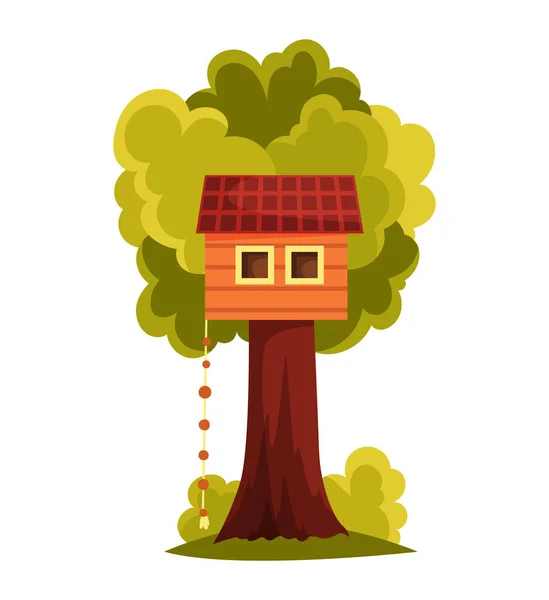 Boomhut. Kinderspeelplaats met schommel en ladder. Platte stijl vector illustratie. Boomhut om te spelen en feesten. Huis aan boom voor kinderen. Houten stad, touwenpark tussen groen blad — Stockvector