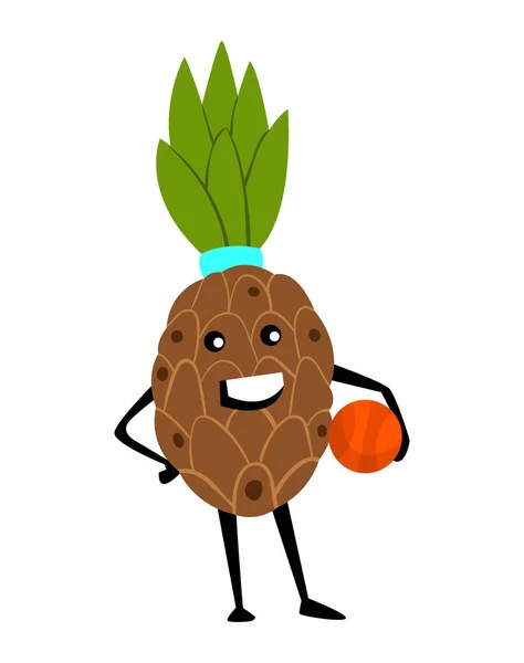 Sport Ananas Charakter Basketball spielen. Lustiges Obst-Essen über Sport-Übungen, Fitness Vitamine Mensch gesunde Ernährung Vektor Illustration — Stockvektor