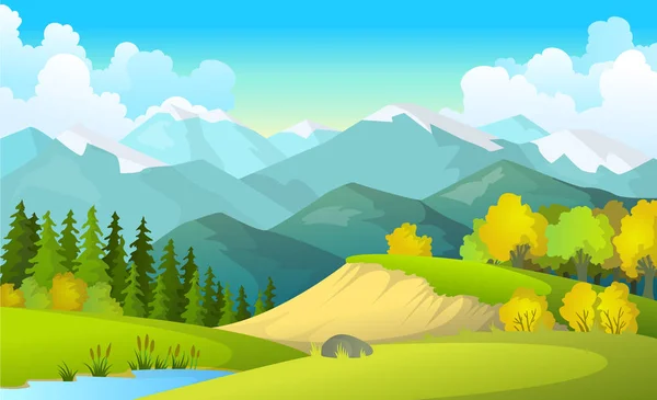 Vektor Illustration der schönen Sommer Felder Landschaft mit einer Morgendämmerung, grüne Hügel, helle Farbe blauer Himmel, Land Hintergrund in flachen Cartoon-Stil Banner — Stockvektor