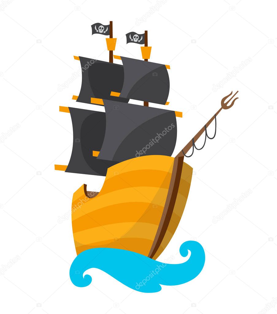 Wooden pirate buccaneer filibuster corsair sea dog ship icon game, isolated flat design. Color cartoon frigate. Vector illustration