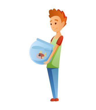 Akvaryumdaki balıklı çocuk beyaz arka planda izole edilmiş. Evcil hayvanlarını tutuyorlar. Erkek düz çizgi film karakteri. Renkli vektör illüstrasyonu