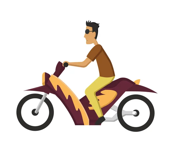 Vektor modern kreativ platt design illustration med ung man pendling på retro scooter. Man ridning klassiska ser moped, sidovy — Stock vektor