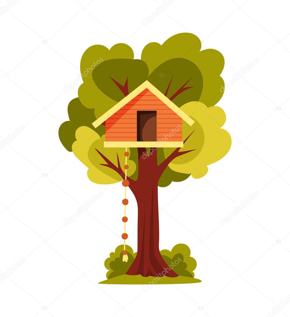 Tree house. Children playground with swing and ladder. Flat style vector illustration. Tree house for playing and parties. House on tree for kids. Wooden town, rope park between green foliage
