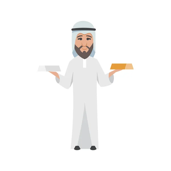 En framgångsrik arabisk man i vita kläder. Vektor tecknad leende islamisk affärsman klädd i traditionella kläder. Vektor man med diagram, djur, väska, smartphone, guld-silver, diamant, dollar, euro — Stock vektor