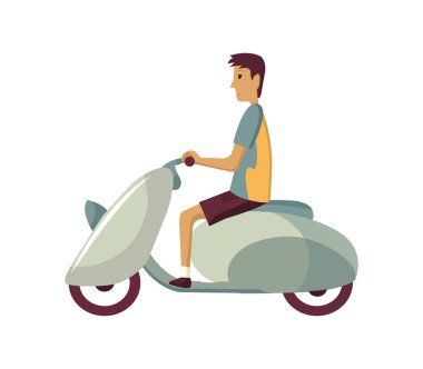 Vektör modern düz tasarım tasarımı. Retro scooter kullanan genç bir adam. Klasik görünümlü motosiklet süren adam, yan manzara.
