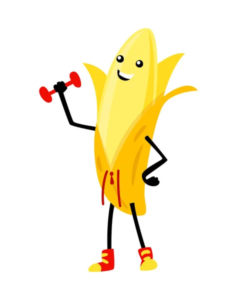 Personaje de plátano deportivo con mancuerna. Divertida comida de frutas en ejercicios deportivos, fitness vitaminic humana sana nutrición vector ilustración — Archivo Imágenes Vectoriales