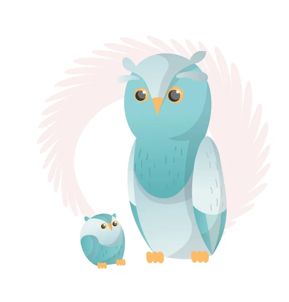Two owl look at each other. Animals mom and baby. Cartoons cute animals in flat style. Print for clothes. Vector illustration — 스톡 벡터