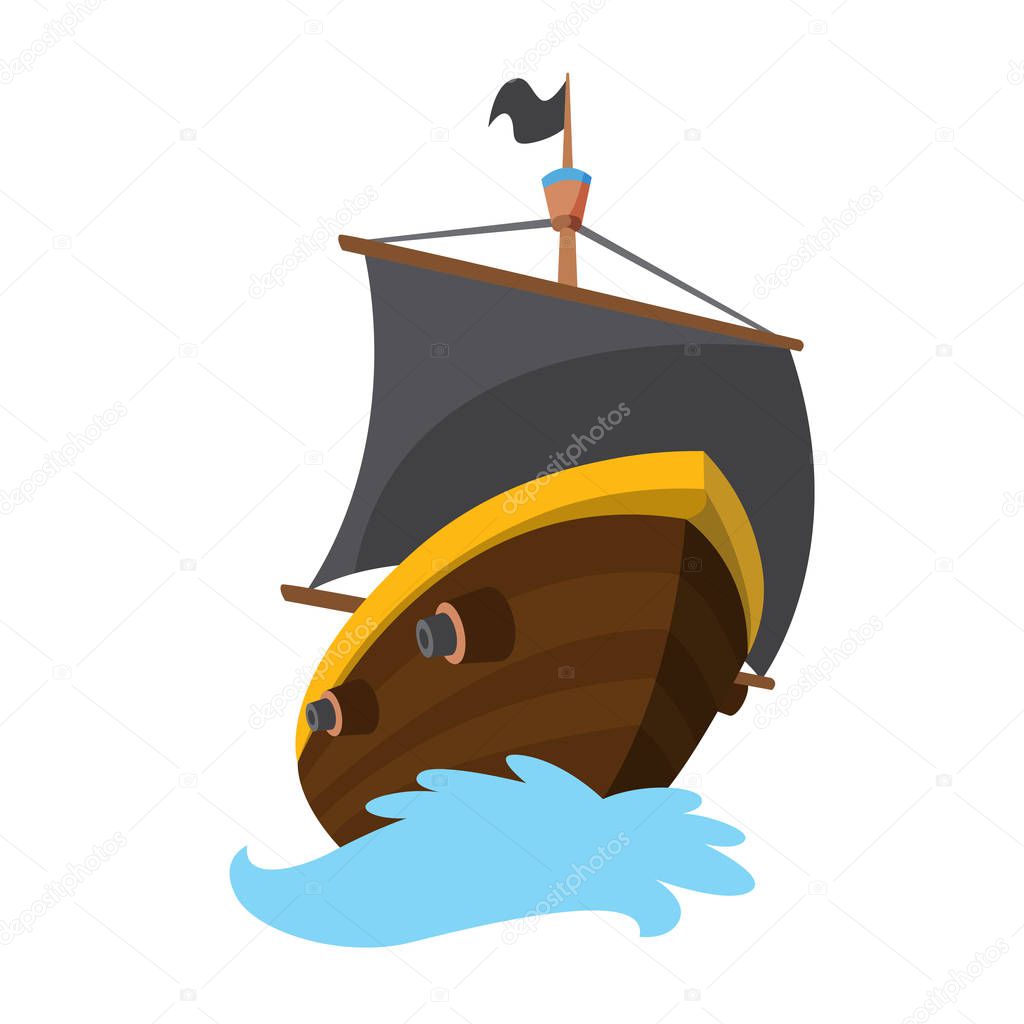 Wooden pirate buccaneer filibuster corsair sea dog ship icon game, isolated flat design. Color cartoon frigate. Vector illustration