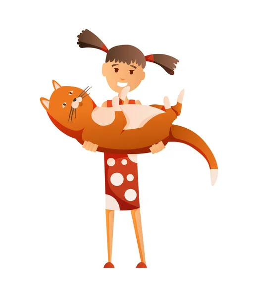 Flicka med katt isolerad på vit bakgrund. Hålla deras husdjur. Kvinna platt tecknad karaktär. Färgglada vektor illustration — Stock vektor