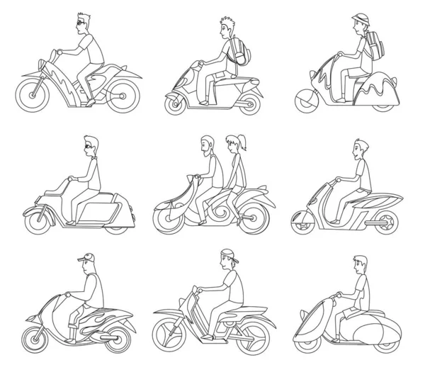 Vektor modern kreativ platt design illustration med ung man pendling på retro scooter. Man rider klassisk ser moped, sidovy. Uppsättning av vektorn stylad skoter — Stock vektor