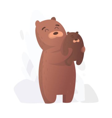 İki ayı anne bebeği kollarında tutuyor. Hayvanlar anne ve bebek. Çizgi filmler düz stil sevimli hayvanlar. Elbise baskısı. Vektör illüstrasyonu